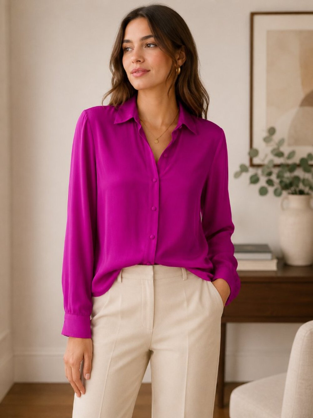 Sezane Ann Fuchsia Silk Long-Sleeve Button-Up Shirt Sz. 34